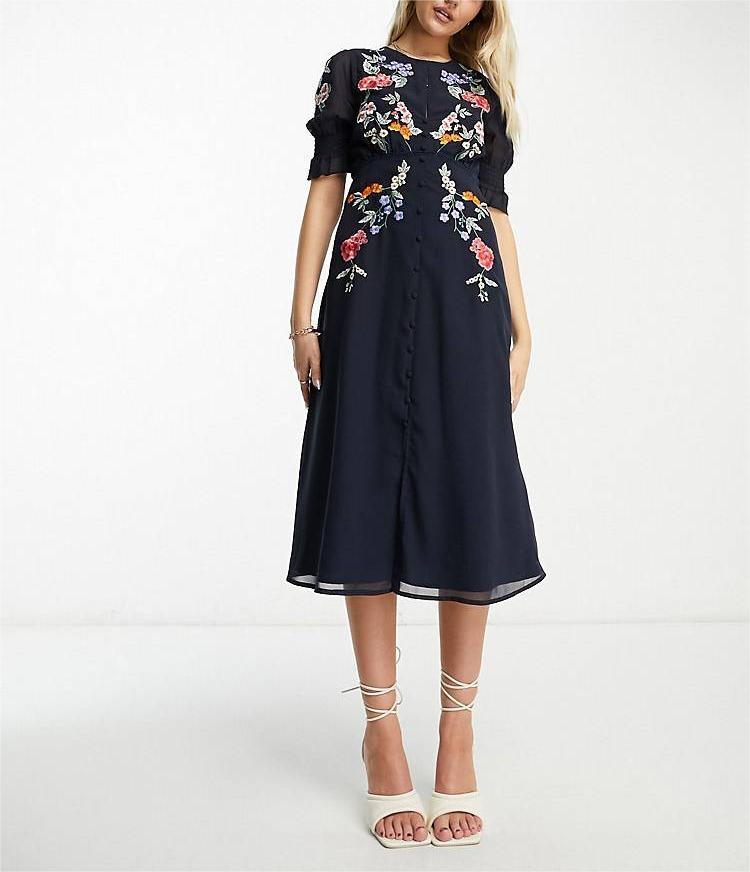Puff Sleeve Embroidered Midi Dress in navy floral
