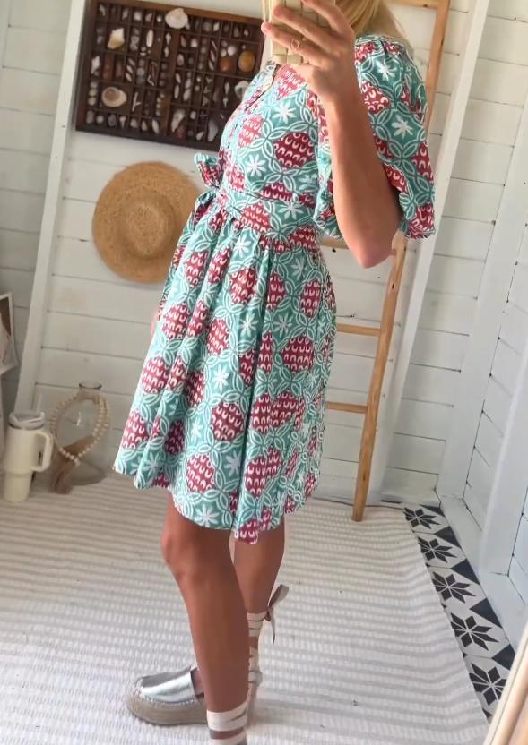 Colorful Puff Sleeve V-Neck Dress