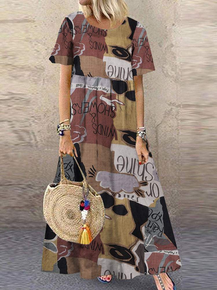 Cottagecore Plaid Letter Print Ethnic Short Sleeve Maxi Dress
