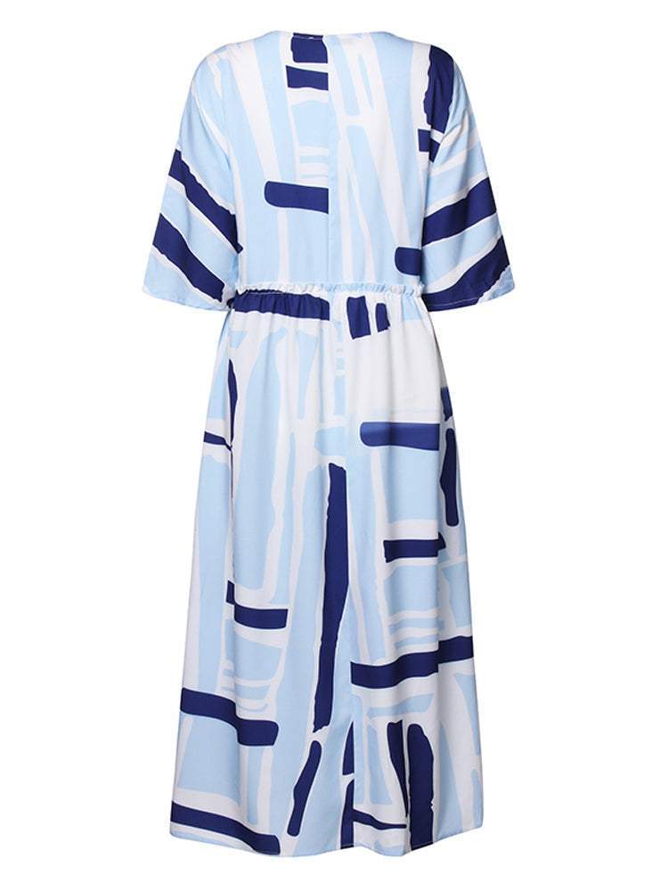 O-Neck Print Half Sleeve Blue Maxi Dress
